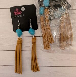 Rustic Brown Suede Tassel Earrings with Turquoise Stone